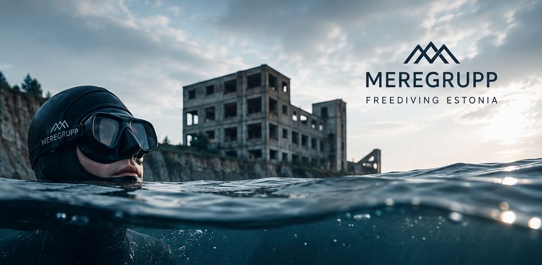 The flooded prison building above the waterline at Rummu quarry, a freediver at the surface in the foreground.